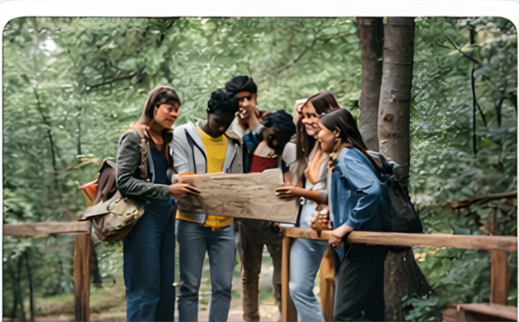 Group reading a route map in the woods